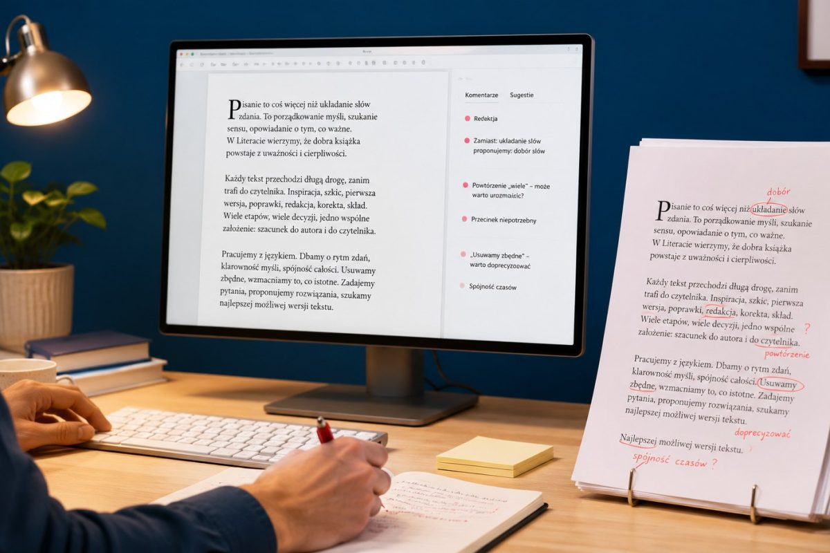 Jak powstają teksty w redakcji Literata? Sprawdzamy dobór tematów, pracę autorów, źródła językowe, strukturę poradników oraz sposób zgłaszania błędów przez czytelników. Zajrzyj za kulisy serwisu.