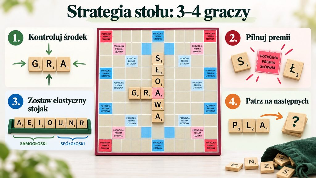 Scrabble na trzy i cztery osoby: jak zmienia się strategia stołu, premie, blokowanie i końcówka gry