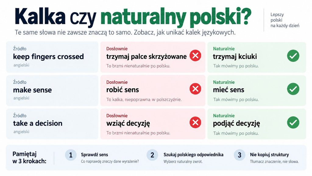 Kalki językowe: przykłady, błędy w tłumaczeniu i naturalne polskie odpowiedniki w praktyce