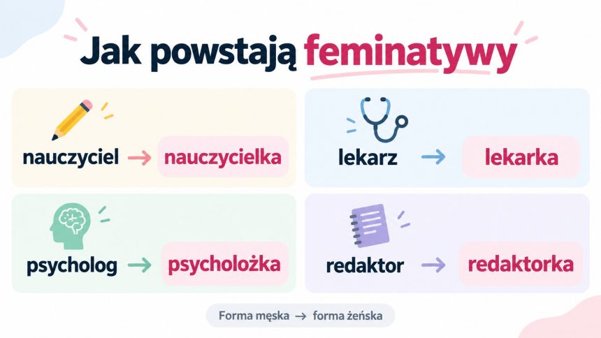 Feminatywy w polszczyźnie: jak tworzyć żeńskie nazwy zawodów, które formy są poprawne i co zaleca Rada Języka Polskiego. Przykłady: psycholożka, architektka, profesorka i ministra w praktyce.