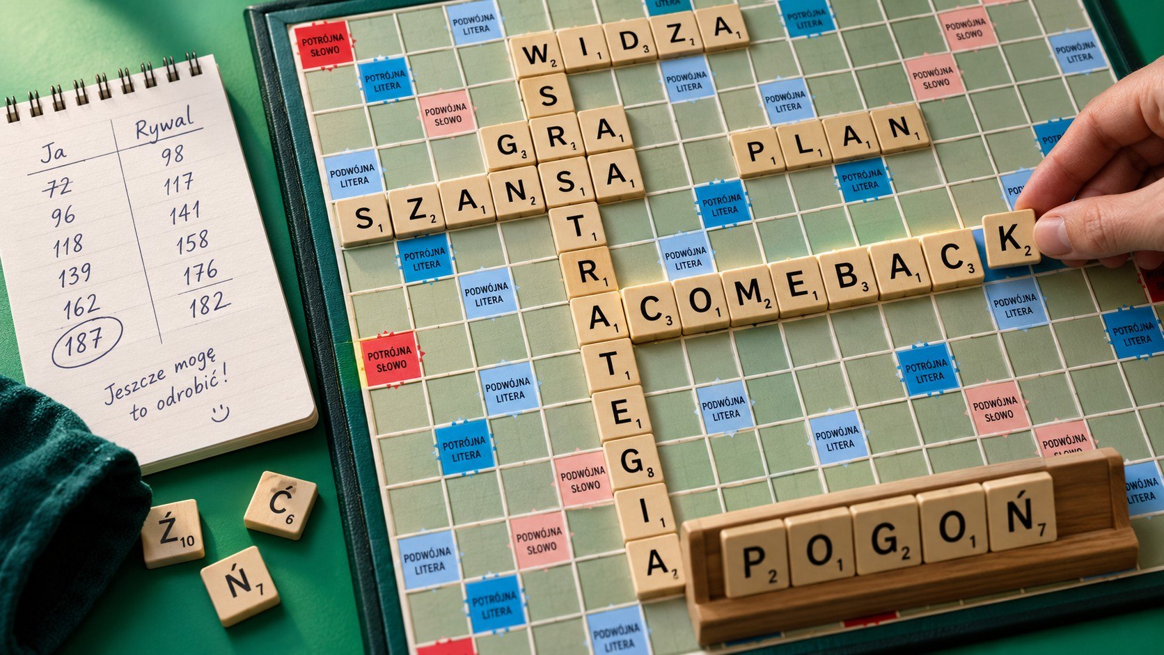 Jak odrabiać straty w Scrabble? Sprawdź strategię pogoni za wynikiem: premie, bingo, wymiany, kontrolę planszy, zostawkę i decyzje, które realnie zmniejszają przewagę rywala w każdej partii.