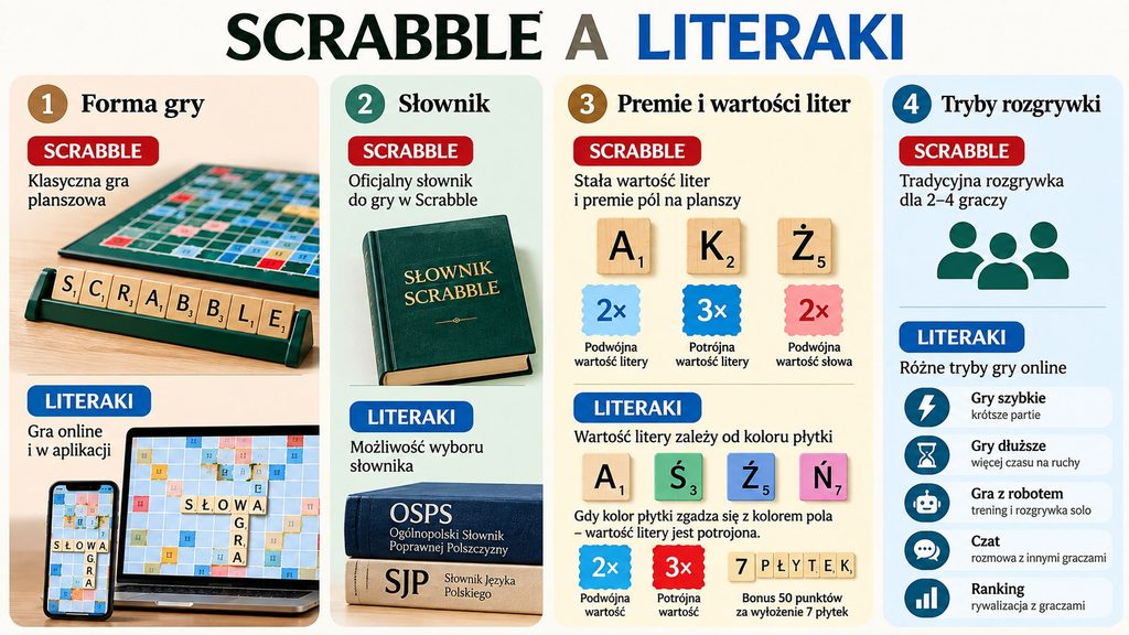 Scrabble a Literaki — pełna lista różnic w zasadach