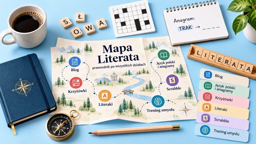 Mapa serwisu Literat pokazuje narzędzia, działy i poradniki. Sprawdź, gdzie znaleźć pomoc do Scrabble, Literaków, krzyżówek i anagramów.